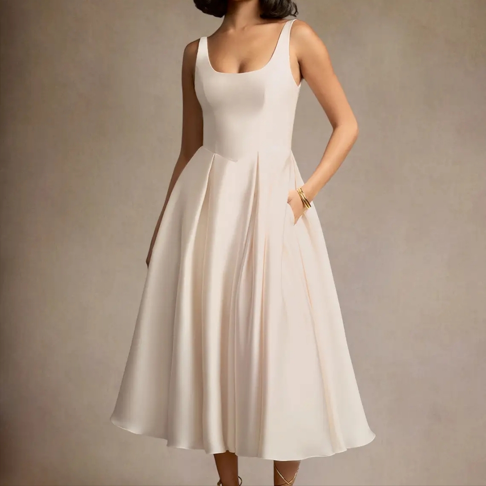 Azazie Olivia Cream Pleated Midi Dress
